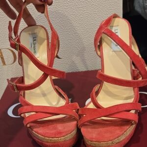 LK Bennett Coral Red Suede Strappy Platform Sandals